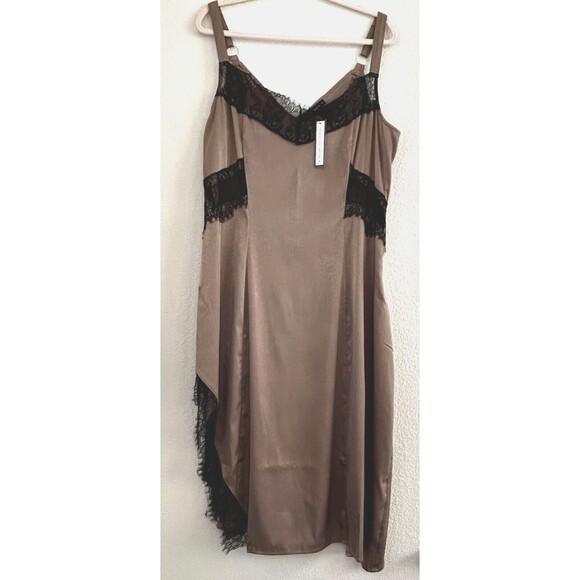 NWT Soncy Silky Maxi Slip Dress Olive Brown - Black Lace Inserts Nightie Size 12 - Picture 1 of 12